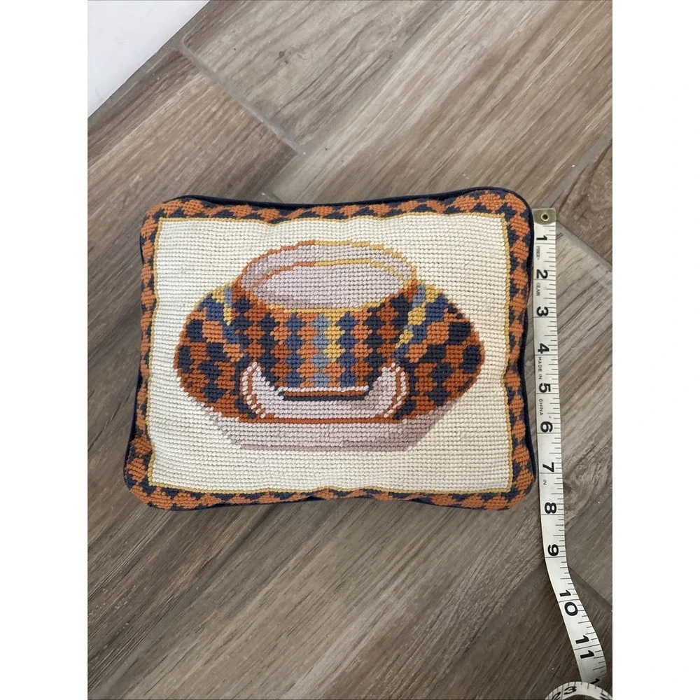 Needlepoint/Tapestry vintage throw pillow Coffee Cup embroidery Blue Velvet 10